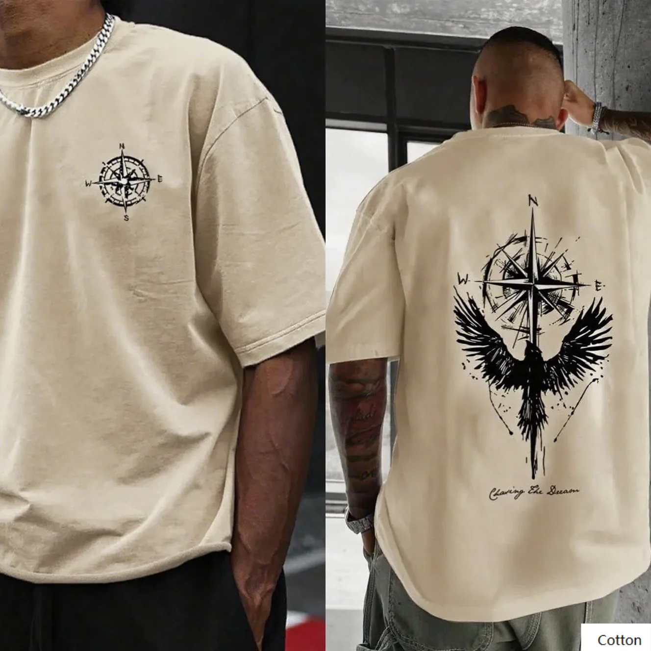 تي شيرت من القطن الخالص يتميز بوصلة ورسومات الطيور بشكل رائع لتعبير شغفك أثناء السفر وروح الاستكشاف #1