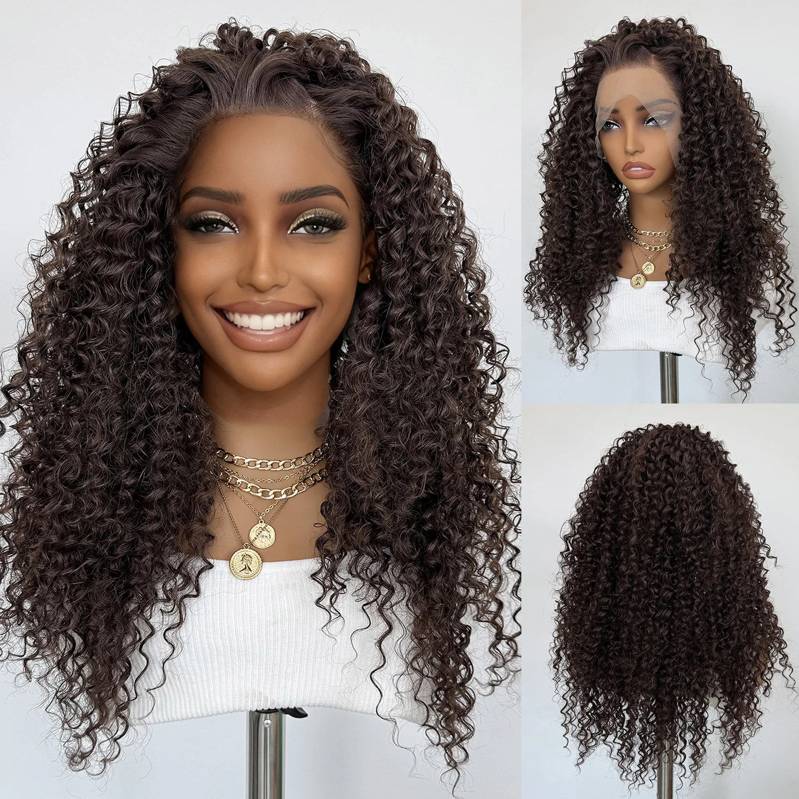 

AIMEYA Коричневый вьющийся парик 13x4 Кружевные передние синтетические длинные волосы Парики для женщин и девочек Термостойкий глубокий вьющийся парик Повседневная одежда Косплей