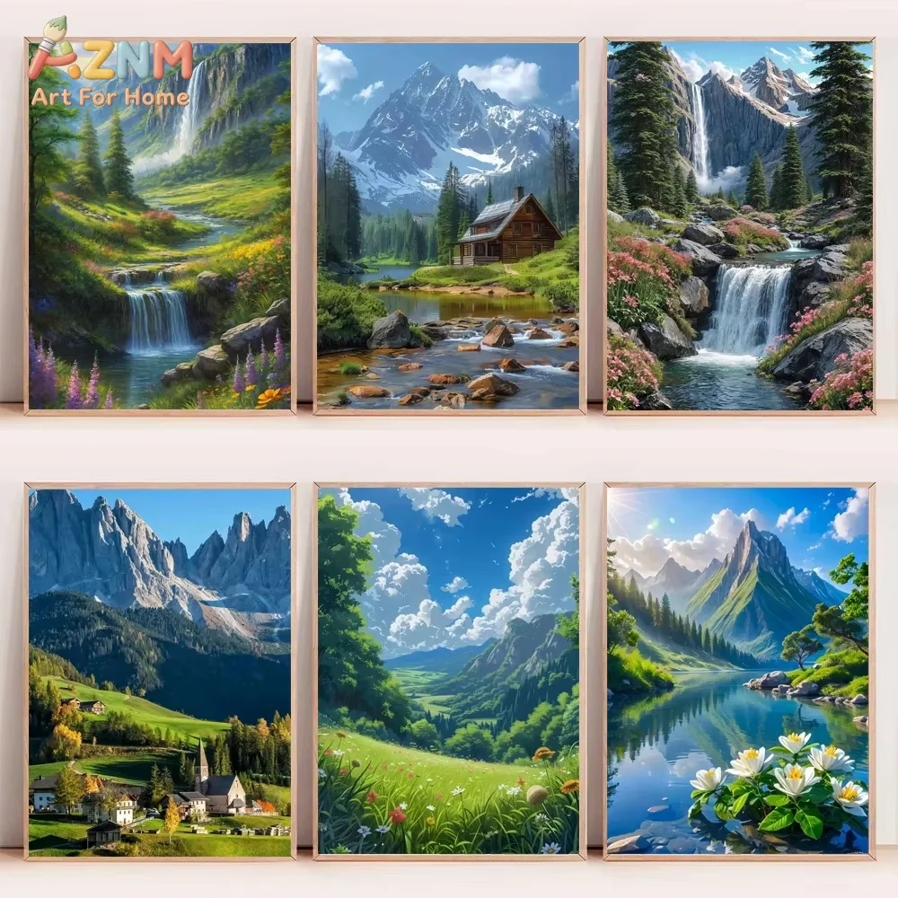 1PC Mountain View Poster Canvas Painting Natural Landscape Forest Flower Hut Stream Waterfall Trees Wall Art Pictures Home Decor