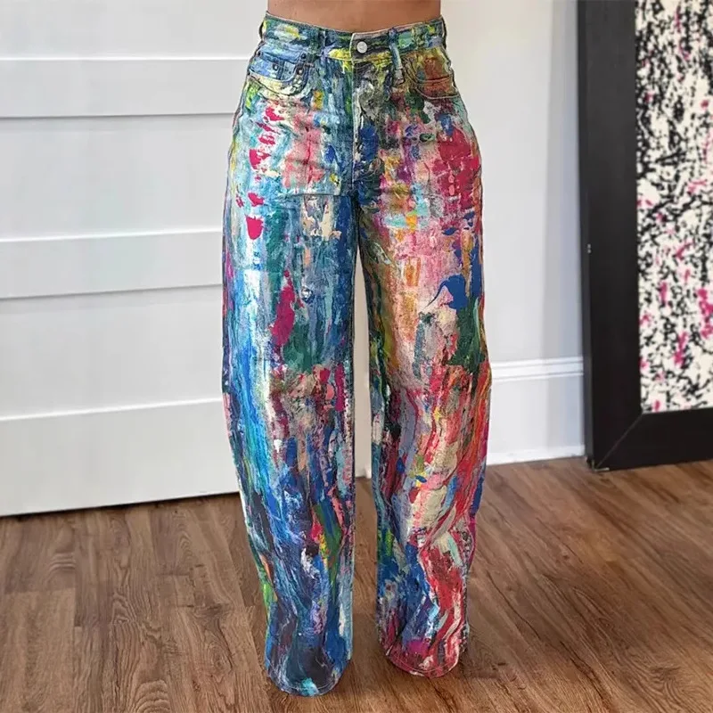 Denim Pant Women Jeans Wide Leg Long Pants Print High Waist Straight Trousers Y2k Streetwear Gothic Elegant Splice Work Casual
