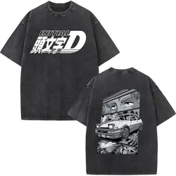 Anime Drift AE86 Initial D Washed Vintage T Shirt O-Neck Short Sleeves Summer Casual Unisex R34 Skyline GTR JDM Manga T-Shirts