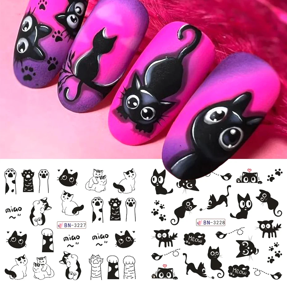12가지 디자인의 검은 고양이 네일 워터 스티커 귀여운 카와이 만화 네일 아트 데칼 워터마크 전사 슬라이더 매니큐어 장식