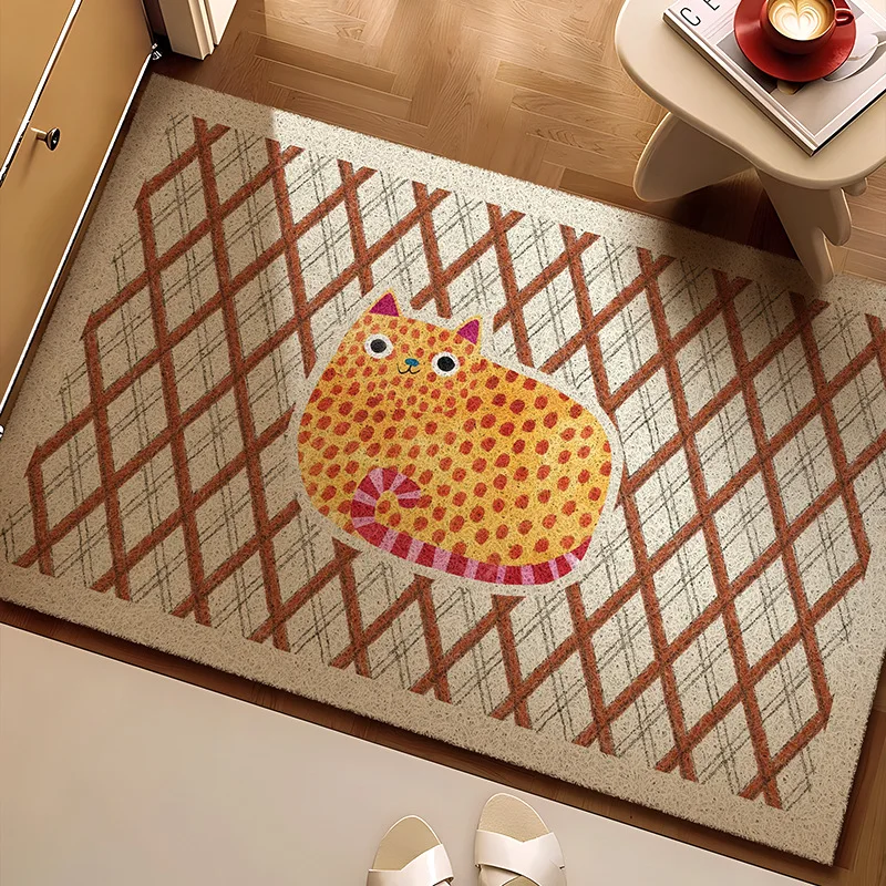 Flannel Door Mat Cute Spotted Cat Plaid Lattice Floor Rug for Bedroom Living Room Kitchen Entrance Home Bedside Carpet