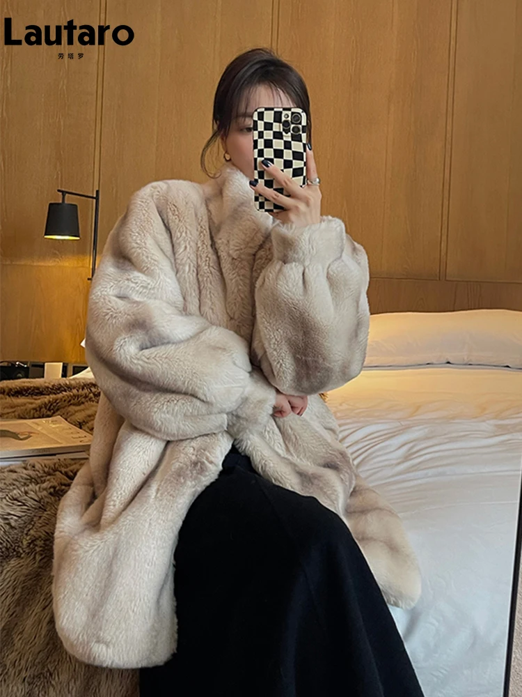 Lautaro Winter Thick Warm Faux Mink Fur Coat Women Stand Collar Elegant Chic Luxury Designer Clothes Runway Fluffy Jacket 2022