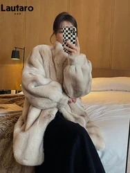 Lautaro inverno spesso caldo cappotto di pelliccia di visone finto donna colletto alla coreana elegante Chic abiti firmati di lusso Runway Fluffy Jacket 2022