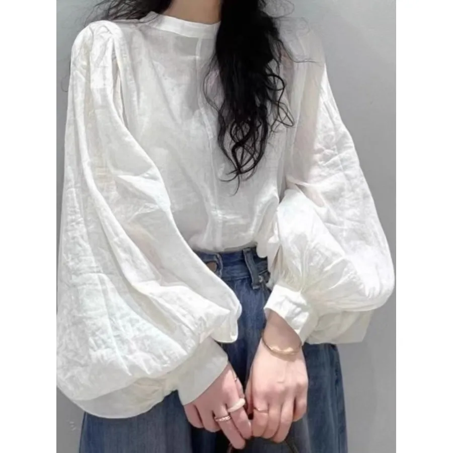 

Элегантная женская рубашка больших размеров из хлопка и льна для ранней осени, модный топ с длинными рукавами-фонариками, трендовая модель