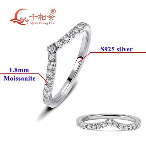1.8mm V Shape Letter Silver S925 Moissanite Ring Trendy Melee D VVS Moissanite half Eternity Ring Bands Engagement gift