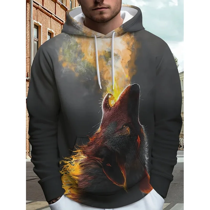 Men Flame Wolf 3D Print Hoodie Animal Graphic Long Sleeve Casual Streetwear Hooded Sweatshirt