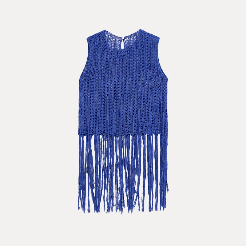 بلوزة نسائية أنيقة محبوكة لصيف 2025 بتفاصيل شراشيب بدون أكمام فضفاضة من البوليستر قطعة واحدة بتصميم أصلي