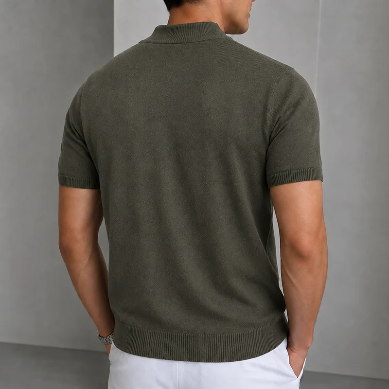 Herren Casual Einfaches Strick-T-Shirt Halbhoher Kragen Weicher Komfort Modisch Einfarbiges Strick-Kurzarm-T-Shirt Mock Neck Pullover – Detail 21