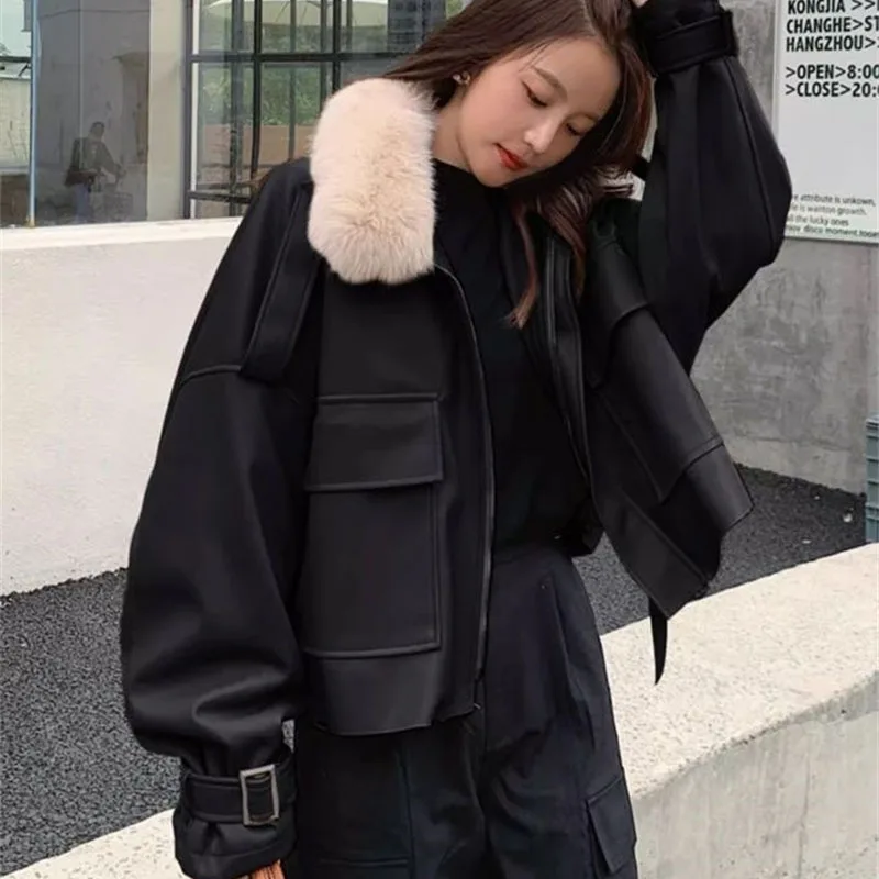 Winter Female Thicken Short Leather Coat American Women Fashion Faux Leather Outwear 2025 Ladies Long Sleeves PU Leather Jacket