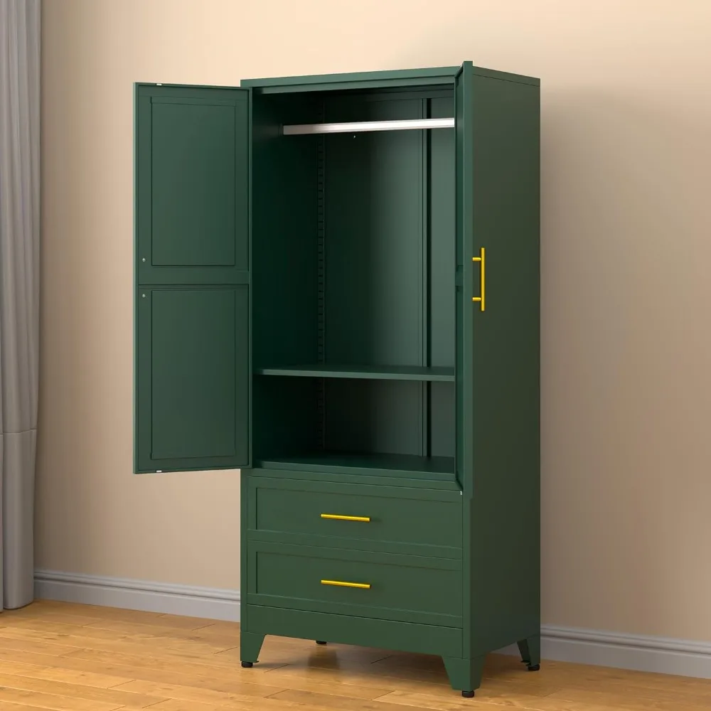 

71” Metal Storage Cabinet with 2 Doors, 1 Adjustable Shelf and 2 Draws, Armoire Wardrobe Closet with Hanging Rods