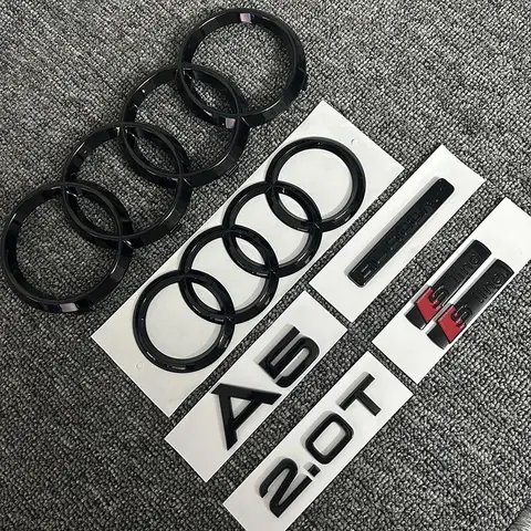 2PCS 4링 로고 ABS 블랙 자동차 후드 전면 그릴 리어 트렁크 엠블럼 스티커 1P A5 1P 콰르토 1P 2.0T 2P S라인 아우디 A5 2010-2019용