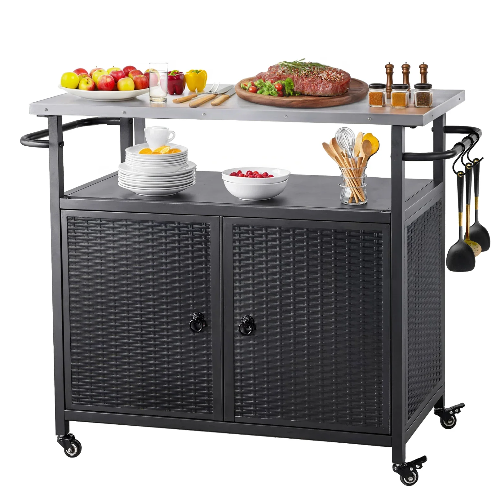 Outdoor Grill Cart With Storage Cabinet Metal Grill Cart Kitchen Island Cart Stainless Steel Top Wgeels For BBQ Patio Backyard