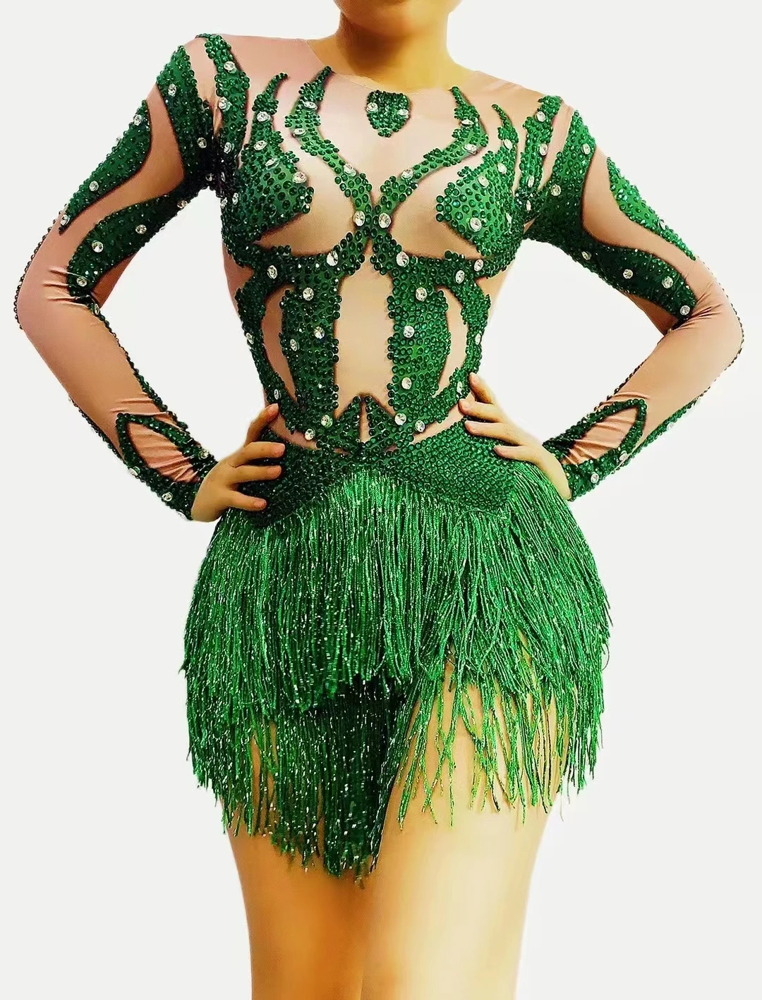 

Green Rhinestone Fringe Spandex BodysuitBirthday Celebrate Long Sleeves Outfit BodysuitWomen Dancer Singer Show Wear A213