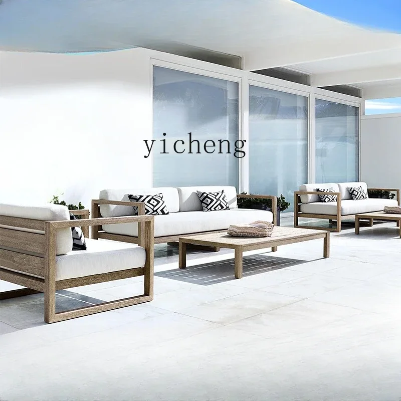 

ZF Outdoor Teak Sofa Distressed Hotel Villa Courtyard Outdoor Terrace Antiseptic Wood