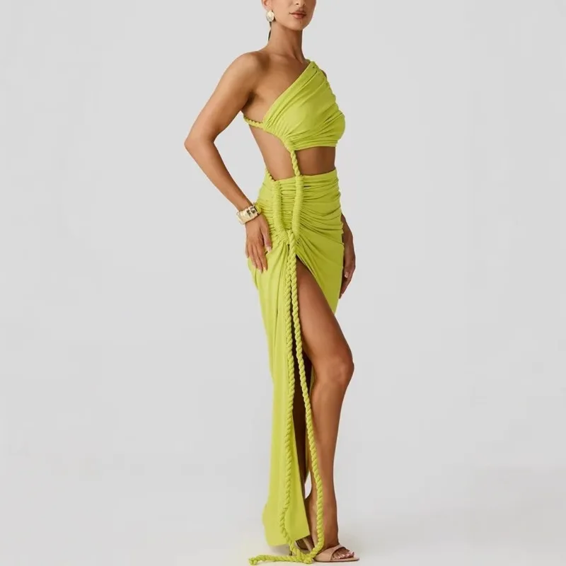 Vestido largo asimétrico de un solo hombro sin tirantes con abertura alta para fiestas nocturnas Eventos formales Reuniones de fin de semana