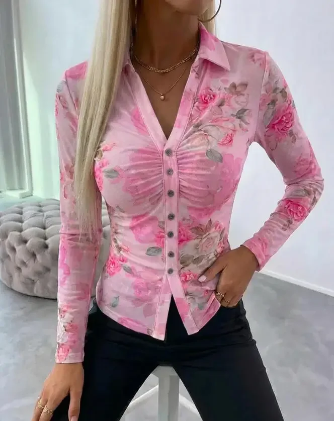 Floral Print Turn-Down Collar V-Neck Button Front Shirt Temperament Women Slimming Long Sleeve Ruched Sheer Mesh Top with Lining