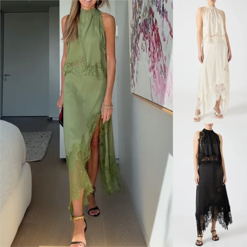 Elegante dames tweedelige set sexy kant patchwork mouwloos o-hals tanktops onregelmatige rokken 2-delige sets dame bijpassende sets