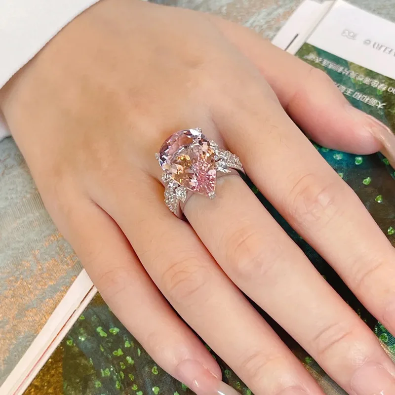 New Korean Ins Luxury Pink Drop-shaped AAA Zircon Ring Female Bride Wedding Engagement Jewelry Dating Ring Gift Bead Jewelry