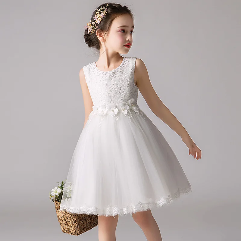 Children's Elegant Dresses Flower Girl Sleeveless Wedding Dress Baptismal Costume For Girls Birthday Party Princess Dress Summer