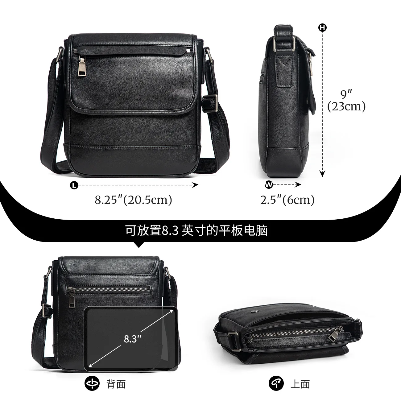 Men Genuine Leather Crossbody Bag Messenger Shoulder Purse Business Casual Travel Handbag with Multi Pocket Flap Zipper Closure