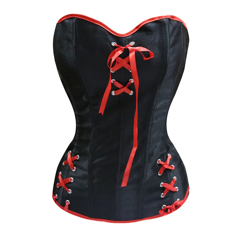 

Satin Overbust Corset Red Straps Black Gaine Amincissante Femme Fish Boned Gothic Clothes Gaine Ventre Plat Femme Body Shapers