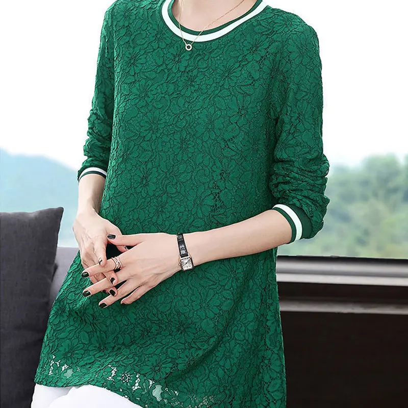 Casual Fashion Floral Lace Midi Shirt Elegant Hollow Out Spring Autumn Long Sleeve Spliced Female Clothing Basic O-Neck Blouse