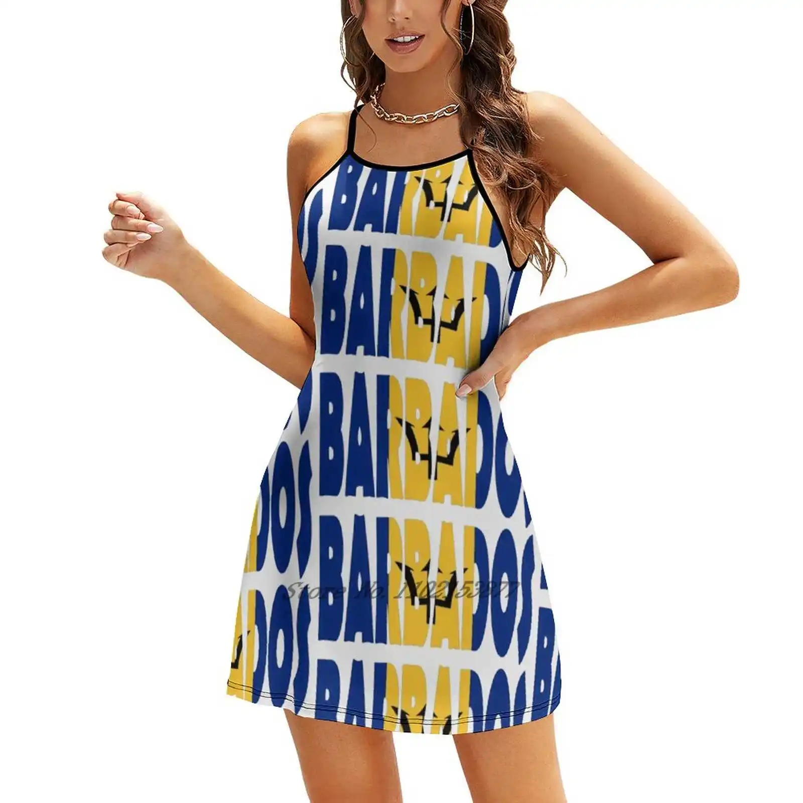 Barbados-Kleid mit lockeren Taschen, Sommer, sexy Kleid mit V-Ausschnitt, bedrucktes Kurzarmkleid, Barbados-Flagge, Name, Welt, Amerikas, Buchstaben-Logo