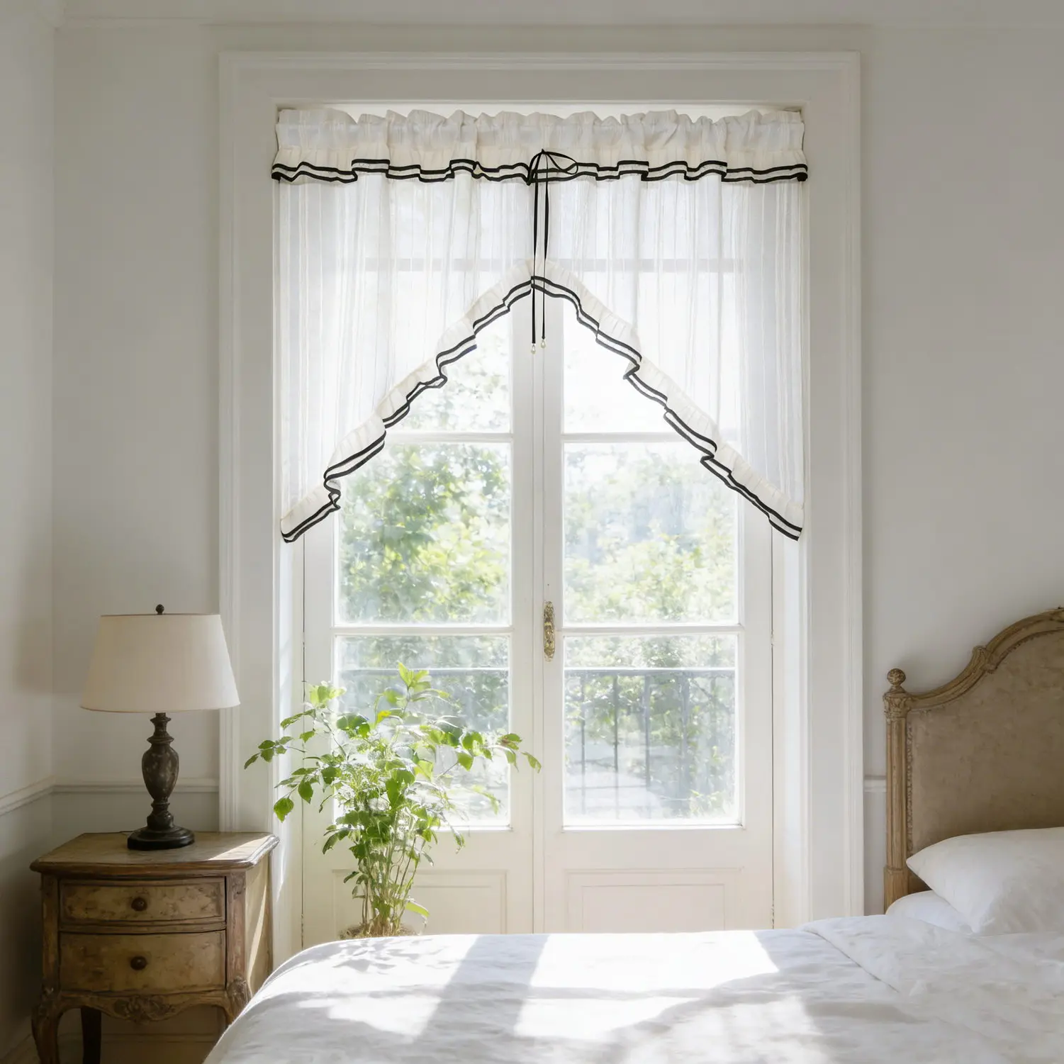 

Korean-Style Black Lace Beige Triangular Curtains,With A Hand-Tied Bow And Pearl Valance Curtains, Apartment Kitchen Drapes