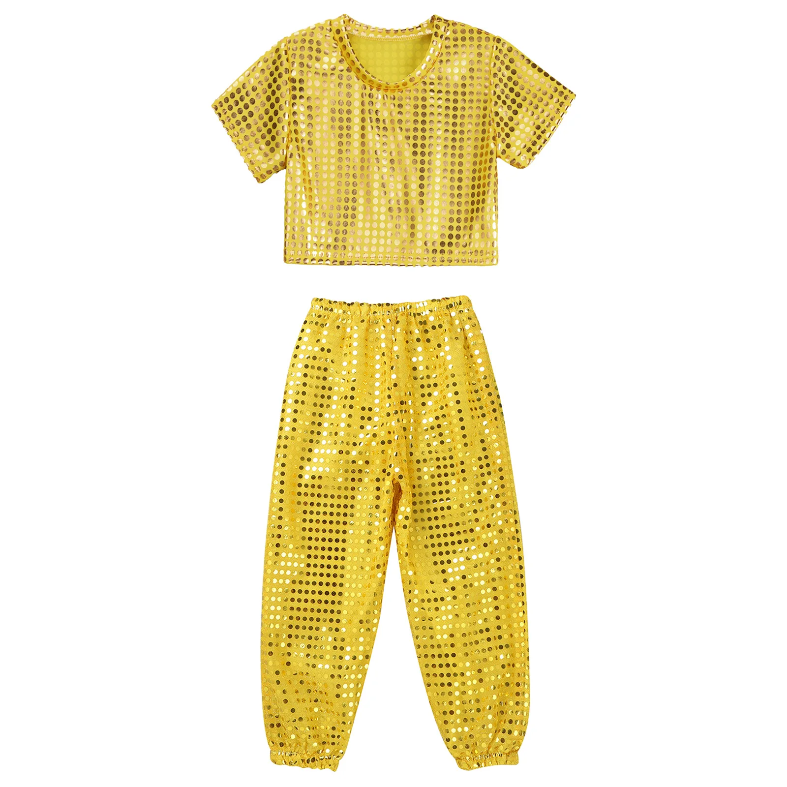 Kids Boys Girls Hip Hop Jazz Dance Costume Shiny Sequins Short Sleeve Crop Top with Pants Street Dance Stage Performance Costume