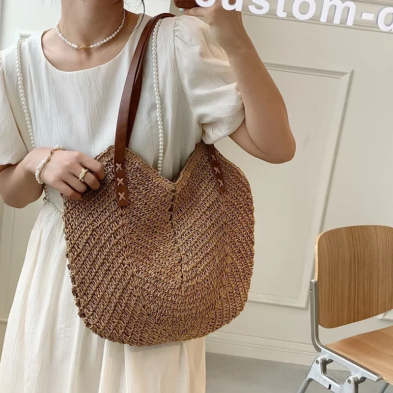 Summer Straw Bags for Women Straw Shoulder Bags Rattan Woven Top Handle Bag Hollow Raffia Crochet Beach Bag Casual Handbags 2024