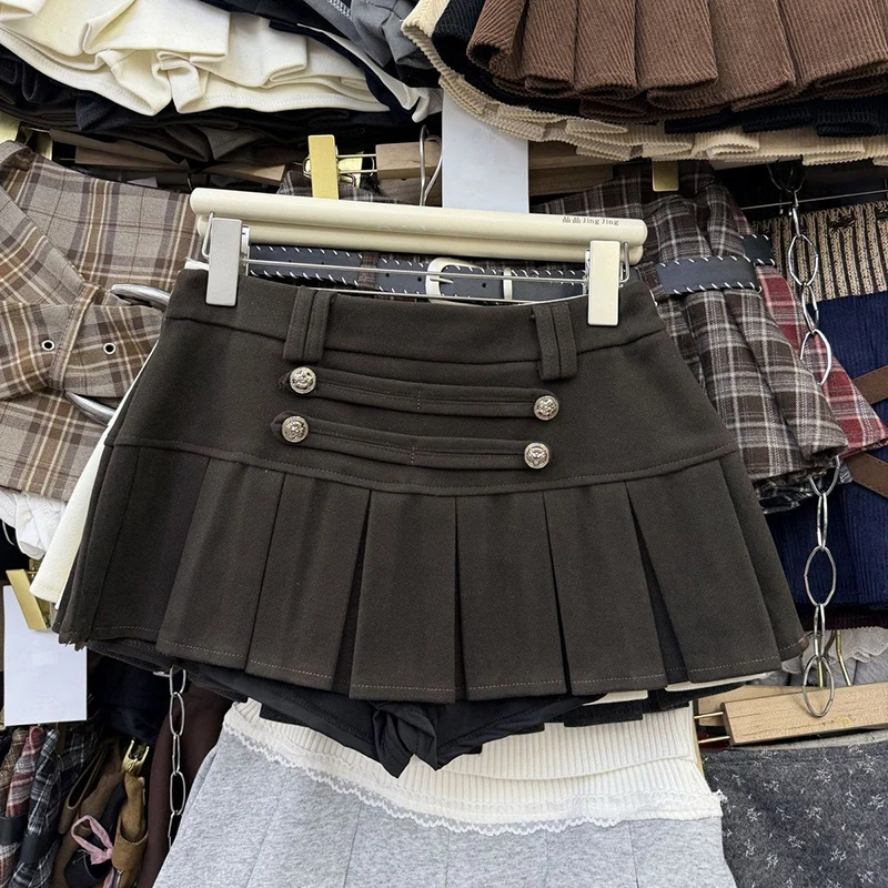 Y2K Woolen Mini Skirt Women Streetwear Black Rivet Pleated Skirt Winter Harajuku Grunge Sexy Low Rise Slim Design A Line Faldas