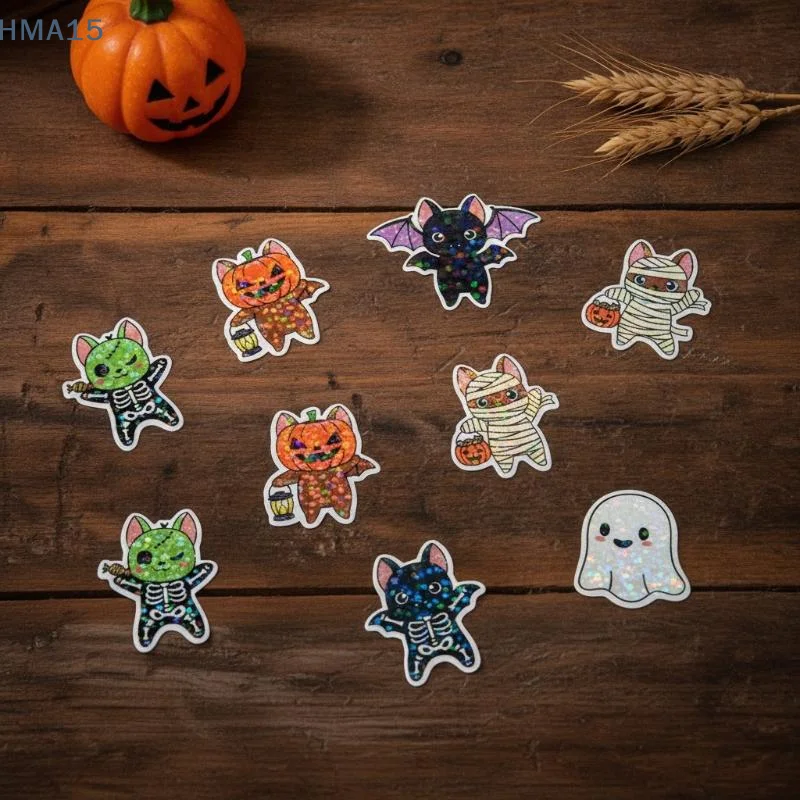 【YA】500 Pcs/Roll Holographic Halloween Cat Stickers Cartoon Removable Decals for Kids Goodie Bag Stuffer Party Favors
