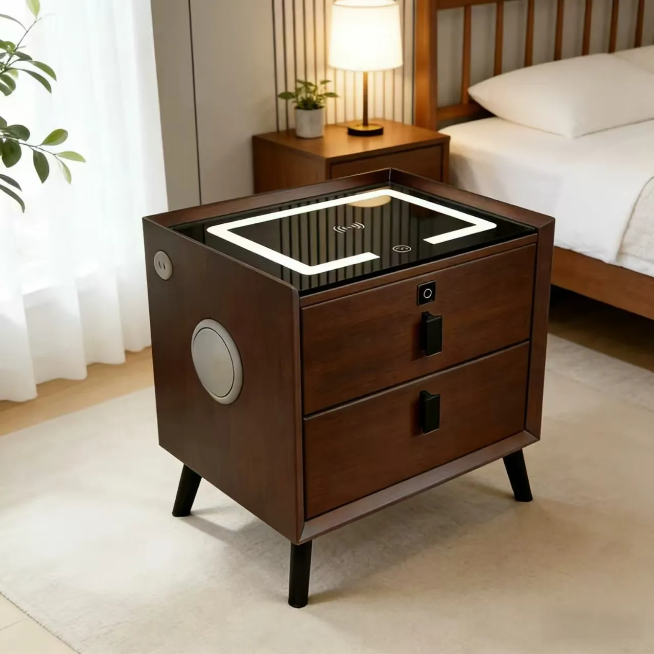 # Hot Sale Smart Bedside Cabinet 2 Drawers Modern Wood Tempered Glass Top Wireless Charging Bluetooth Speaker Bedroom Furniture