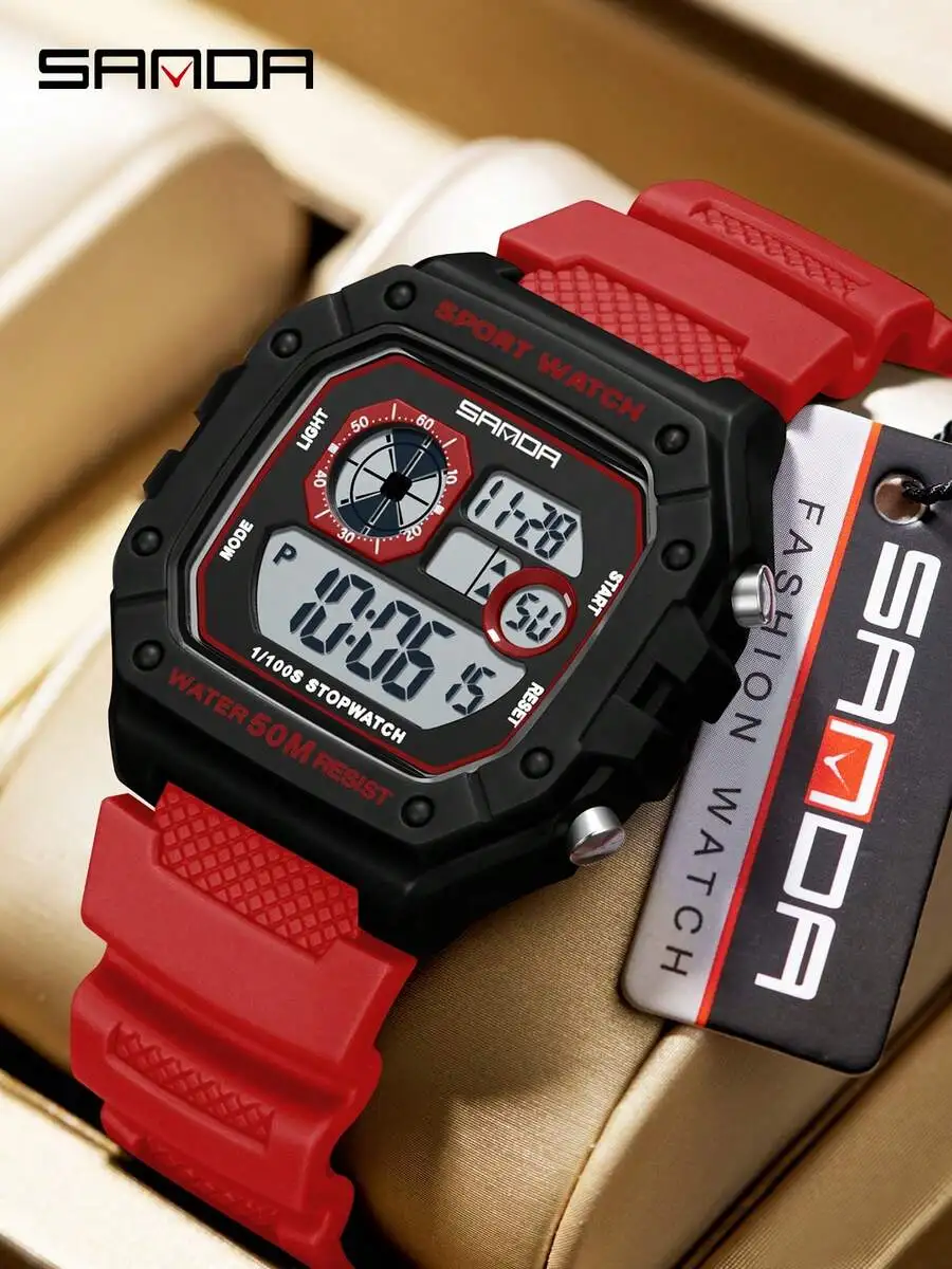 SANDA 2202 Fashion Men's Electronic Watch Sports Multifunctional Waterproof LED Luminous Single Display Small Square Electronic