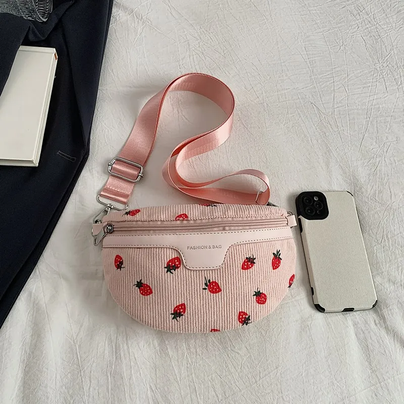 

Модные мягкие вельветовые женские сумки на ремне, милые розовые нагрудные сумки с клубничным принтом, женские повседневные сумки через плечо, чехол для мобильного телефона