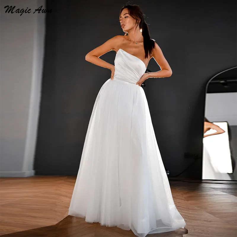 

Magic Awn Simple White Wedding Dresses Strapless Lace-Up Back Tulle Bridal Gowns A-Line For Women Elegant Abito Da Sposa