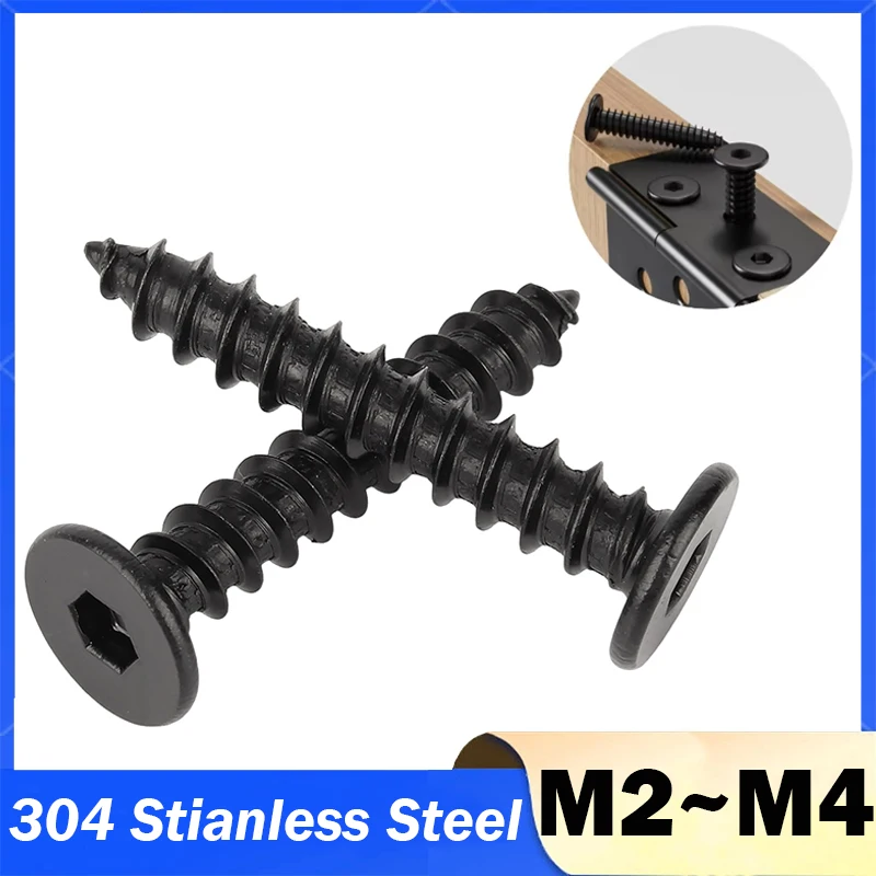 20–200 Stück M2 M3 M4 schwarz 304 Edelstahl Super ultradünne Innensechskant-Flachkopfschraube selbstschneidende Holzschrauben 4 mm–40 mm