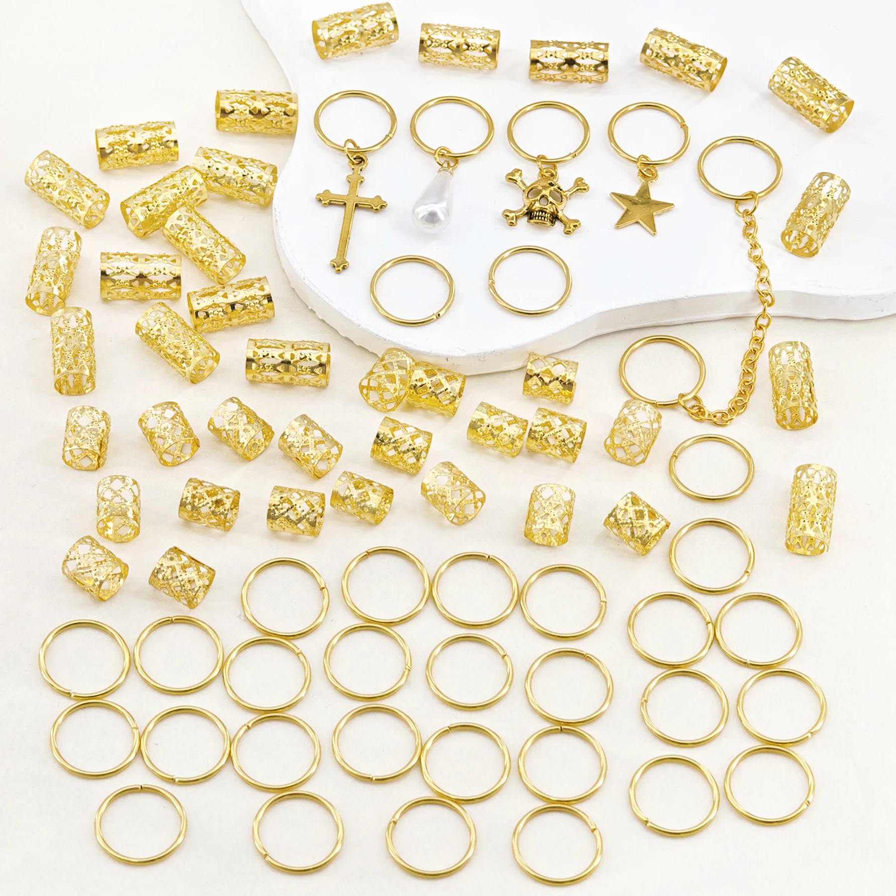 75pcs Gold Cross Skull Star White Pearl Halloween Style Hair Rings – Gothic Multi-Form Cuffs for Dreadlocks & Braids view 5