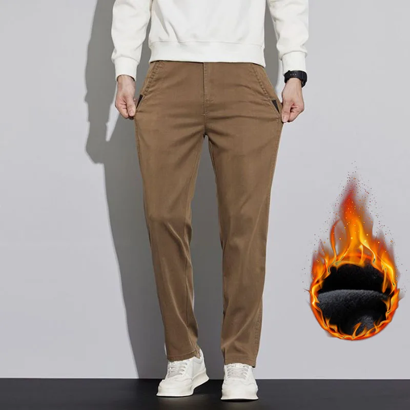 Fleece Thick Men's Casual Pants Winter Collection Straight Leg Versatile Comfortable Trousers Daily Outings Male Brands Clothing