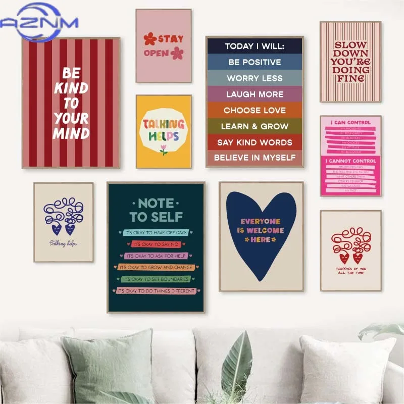 AZNM AZNM Be Kind To Your Mind Mental Health Psychological Canvas Posters Inspirational Quotes Wall Art Printed Picture Therapy