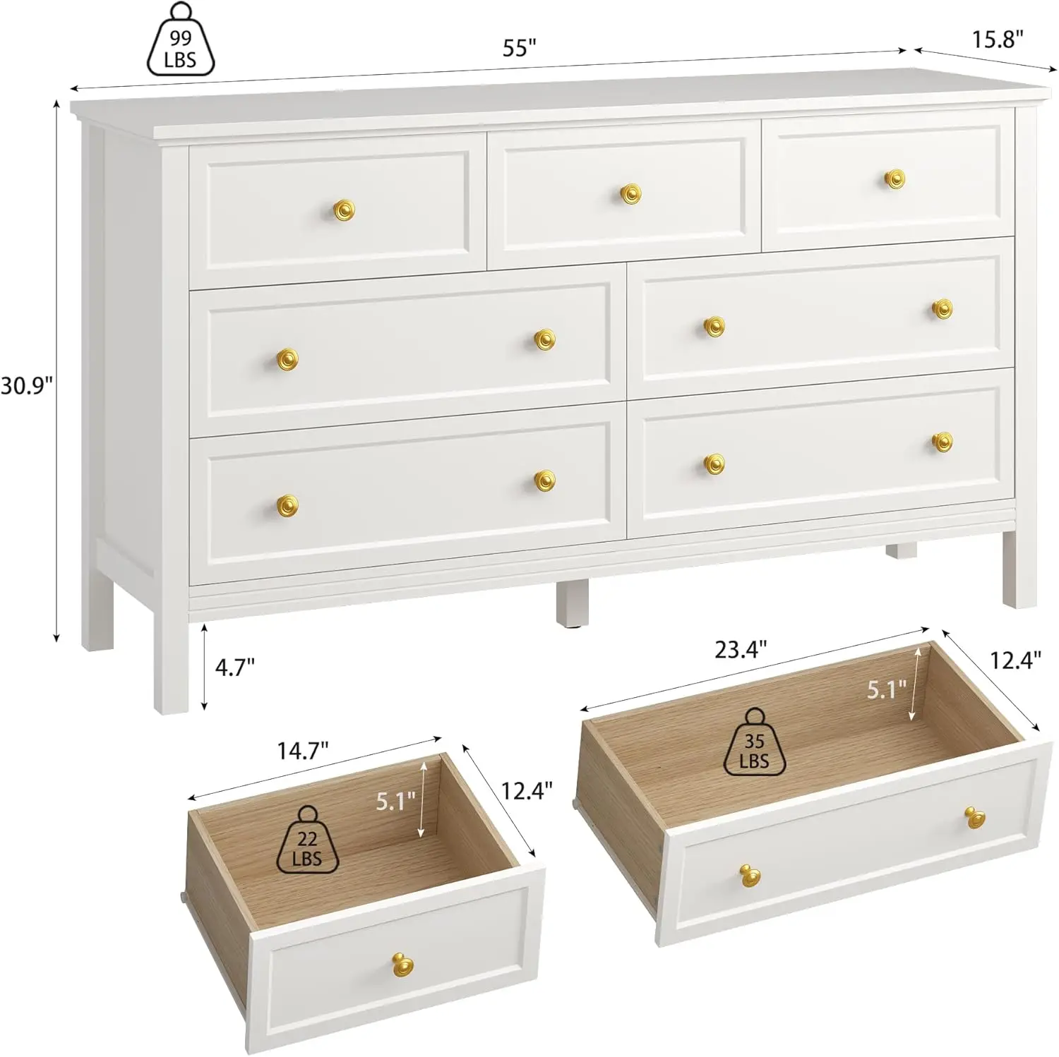 White Dresser for Bedroom with 7 Drawers, 55'' Large Wood Dresser with Gold Handles, Modern Wide Chest of Storage Drawers for Ha