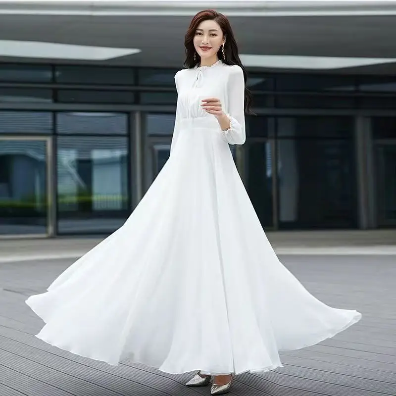Women Chiffon Dress 2025 New Summer Fashion Long Sleeve Large Hem Tight Waist Banquet Dresses Beach Robe Party Prom Dresses