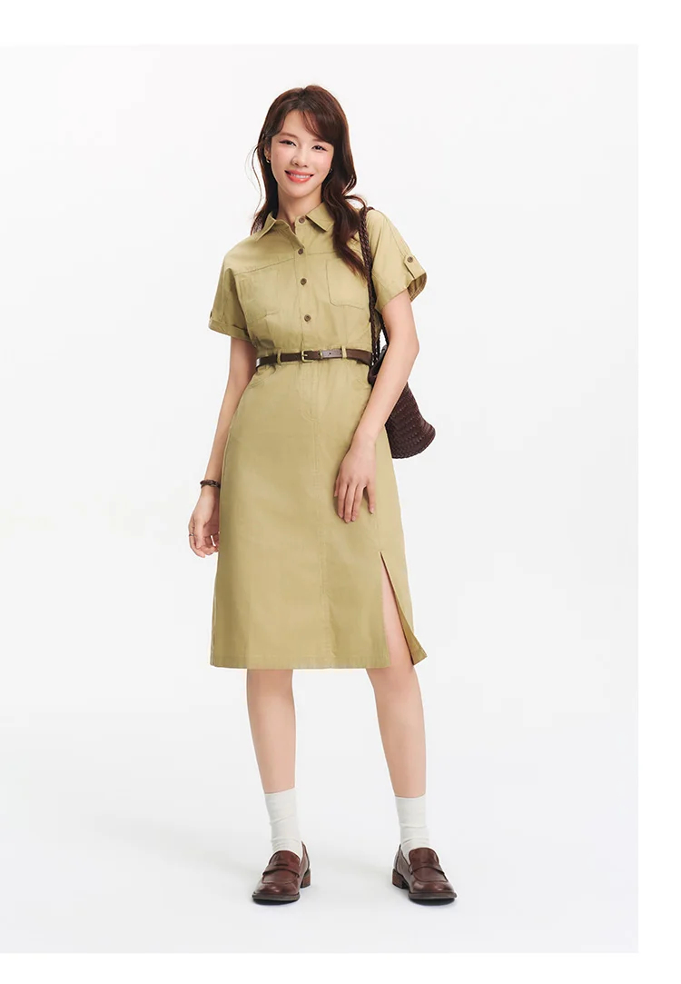 Semir Damen Hemdkleid mit Kragen aus Baumwolle, Schlitz, Midi-Länge, Gürtel, schmal geschnitten, Vintage Urban Workwear 2026 Sommer Mode Büro-Oberteil – Detail 2