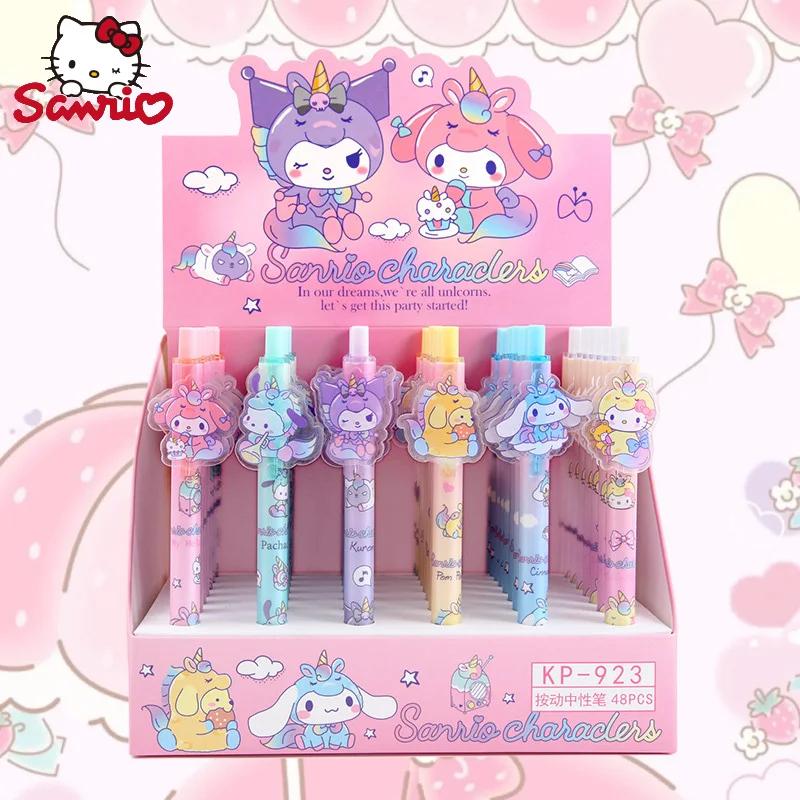 Sanrio 48pcs Press Gel Pen Cartoon Cute Student Writing Patch Pen 0.5mm Black Smooth Pen School Office Stationery Wholesale