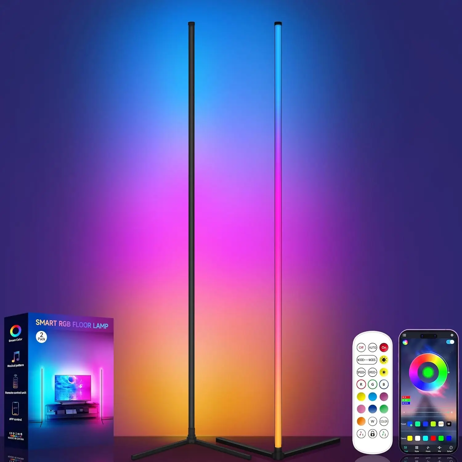 

RGB LED Corner Floor Lamp with Music Sync, Smart App & Remote Control, 16M Colors for Bedroom Living Room Gaming (2pcs)