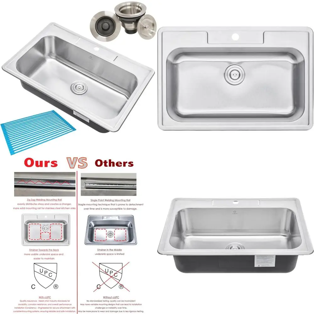 Einzelschüssel-Küchenspüle aus Edelstahl, 33 x 22 x 9 Zoll, obere Montage/Drop-In, mit Sieb und Geschirrkorb – 18 Gauge, strapazierfähig