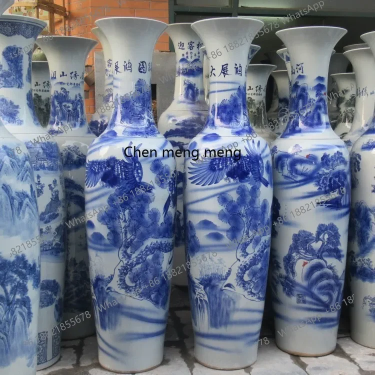 A74Ceramic vase, hand-painted blue and white grand plan floor-to-ceiling vase, living room hotel decoration ornament