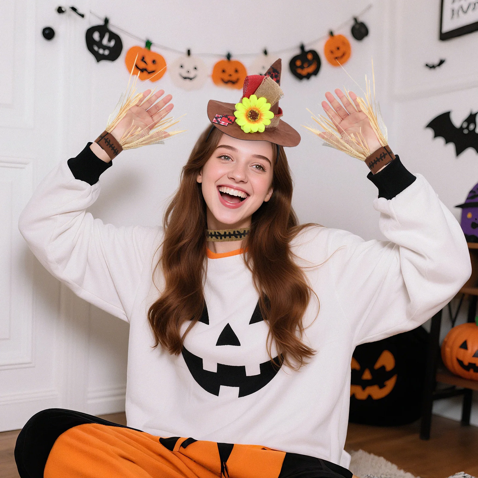 4 szt. Halloweenowe akcesoria do przebrania: słomkowy kapelusz, opaska na nadgarstek, naszyjnik, ozdoby na imprezę, festiwal, karnawał dla dorosłych